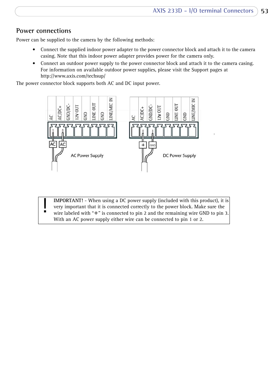 Power connections | Axis Communications AXIS 233D User Manual | Page 53 / 69