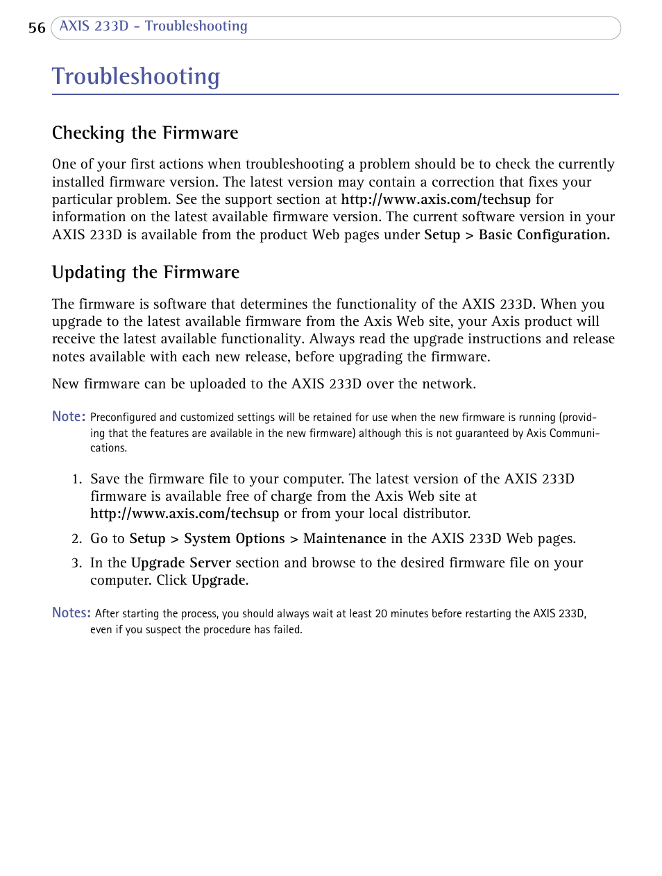 Troubleshooting, Checking the firmware, Updating the firmware | Checking the firmware updating the firmware | Axis Communications AXIS 233D User Manual | Page 56 / 69