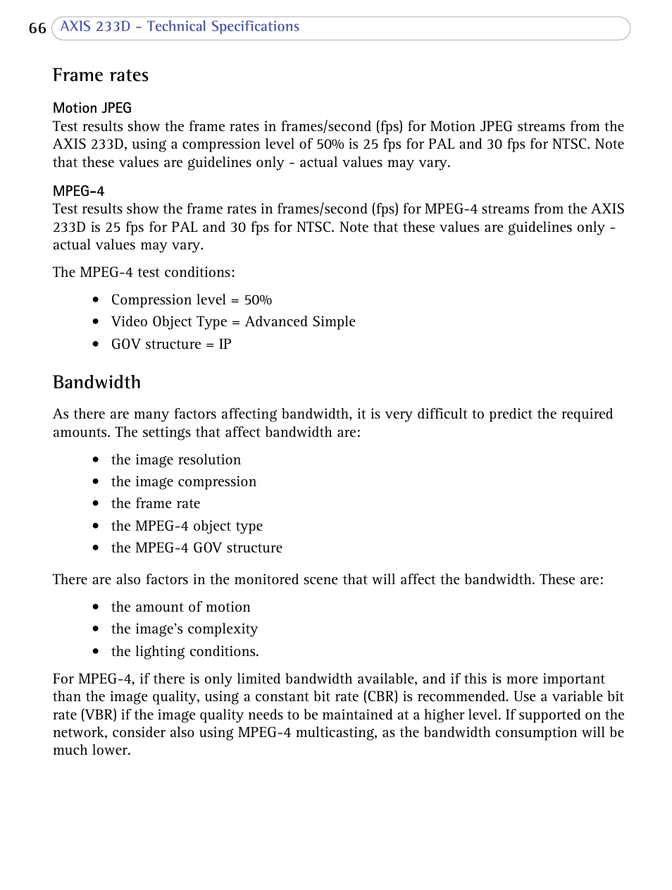 Frame rates, Bandwidth, Frame rates bandwidth | Axis Communications AXIS 233D User Manual | Page 66 / 69