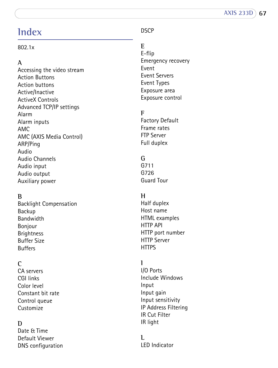 Index | Axis Communications AXIS 233D User Manual | Page 67 / 69