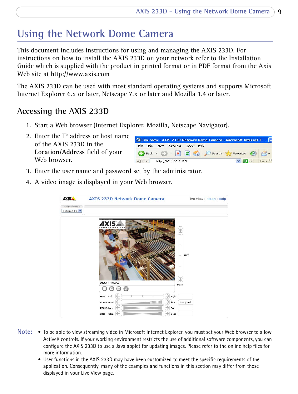 Using the network dome camera, Accessing the axis 233d | Axis Communications AXIS 233D User Manual | Page 9 / 69