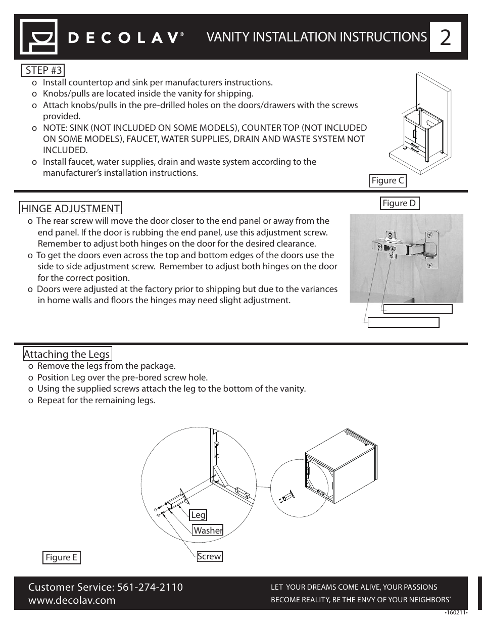 Vanity installation instructions, Step #3, Hinge adjustment | Attaching the legs | Decolav 5264 User Manual | Page 2 / 3