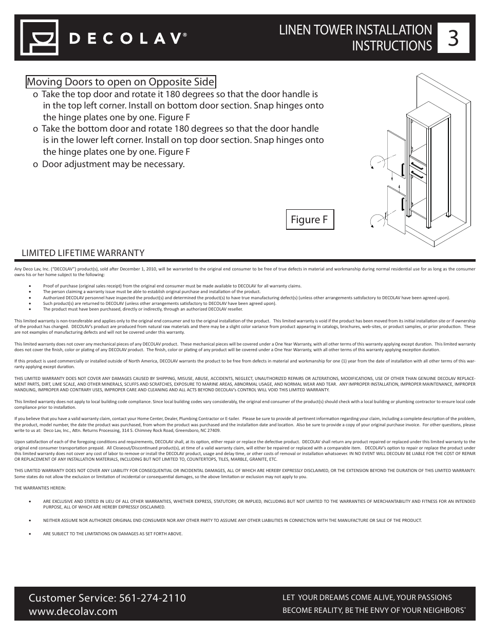 Linen tower installation instructions, Moving doors to open on opposite side, Figure f | Limited lifetime warranty | Decolav 5234 User Manual | Page 3 / 3