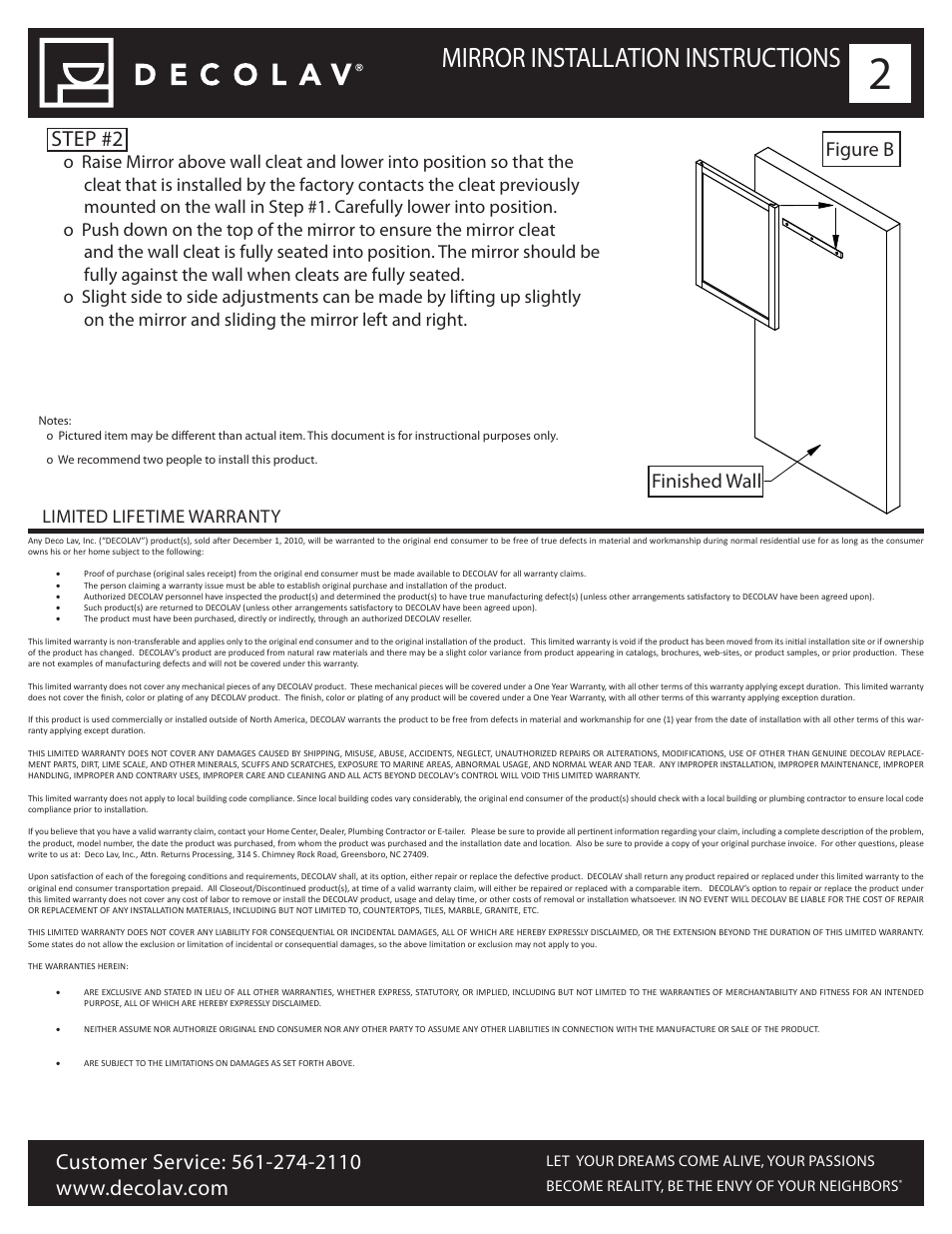 Mirror installation instructions, Step #2, Finished wall figure b | Limited lifetime warranty | Decolav 9710 User Manual | Page 2 / 2