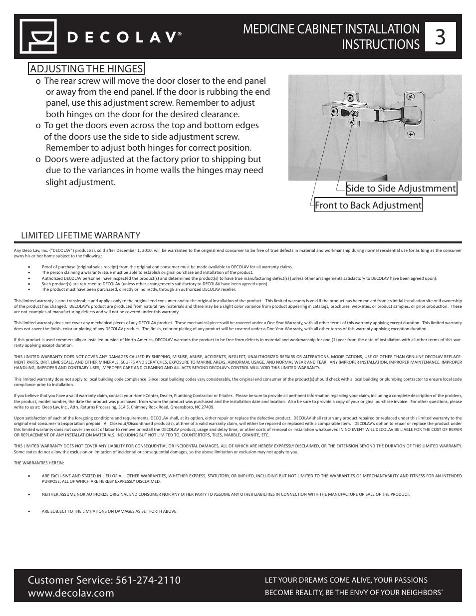 Medicine cabinet installation instructions, Adjusting the hinges, Side to side adjustmment front to back adjustment | Limited lifetime warranty | Decolav 9713 User Manual | Page 3 / 3