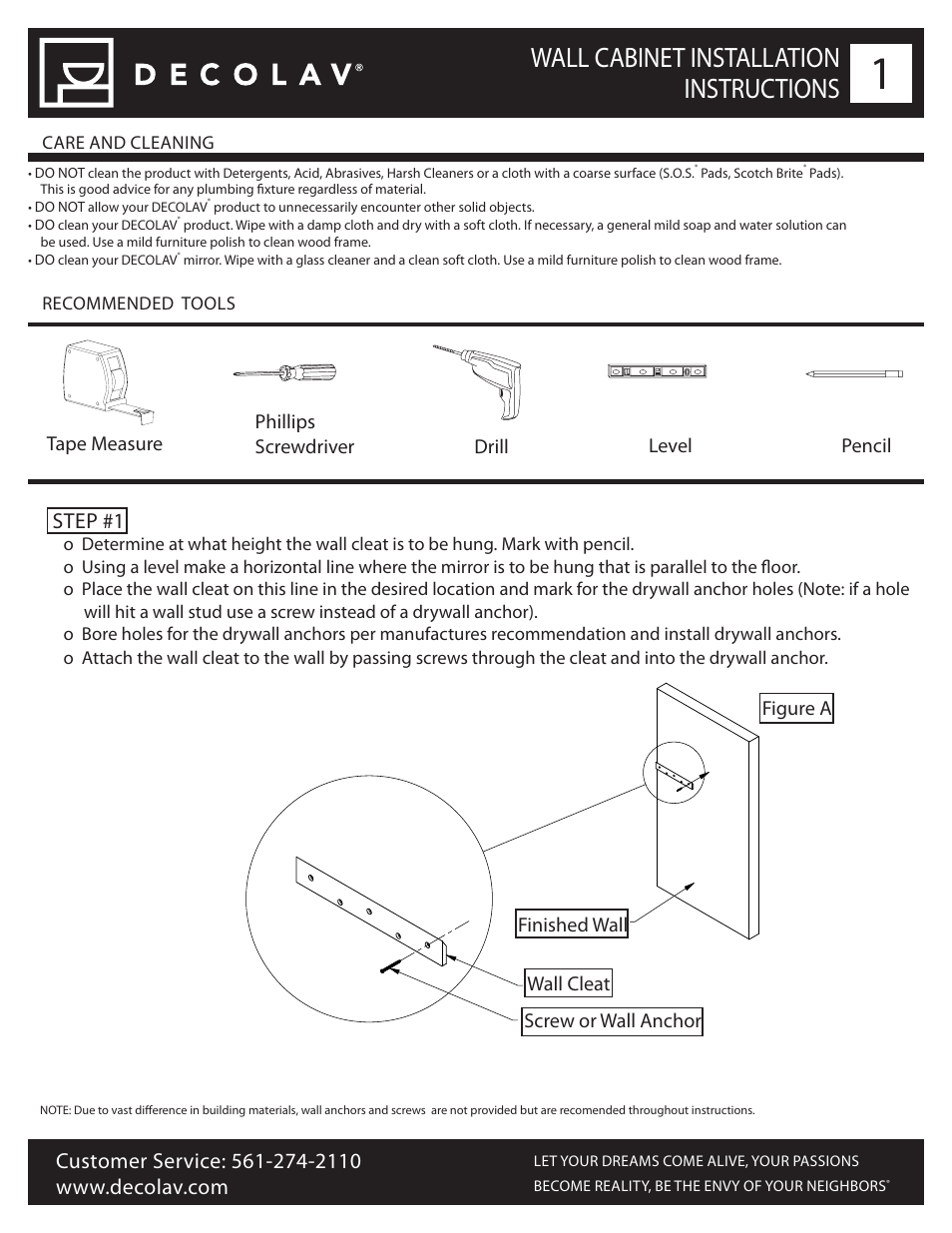 Wall cabinet installation instructions, Step #1 | Decolav 5255 User Manual | Page 2 / 4