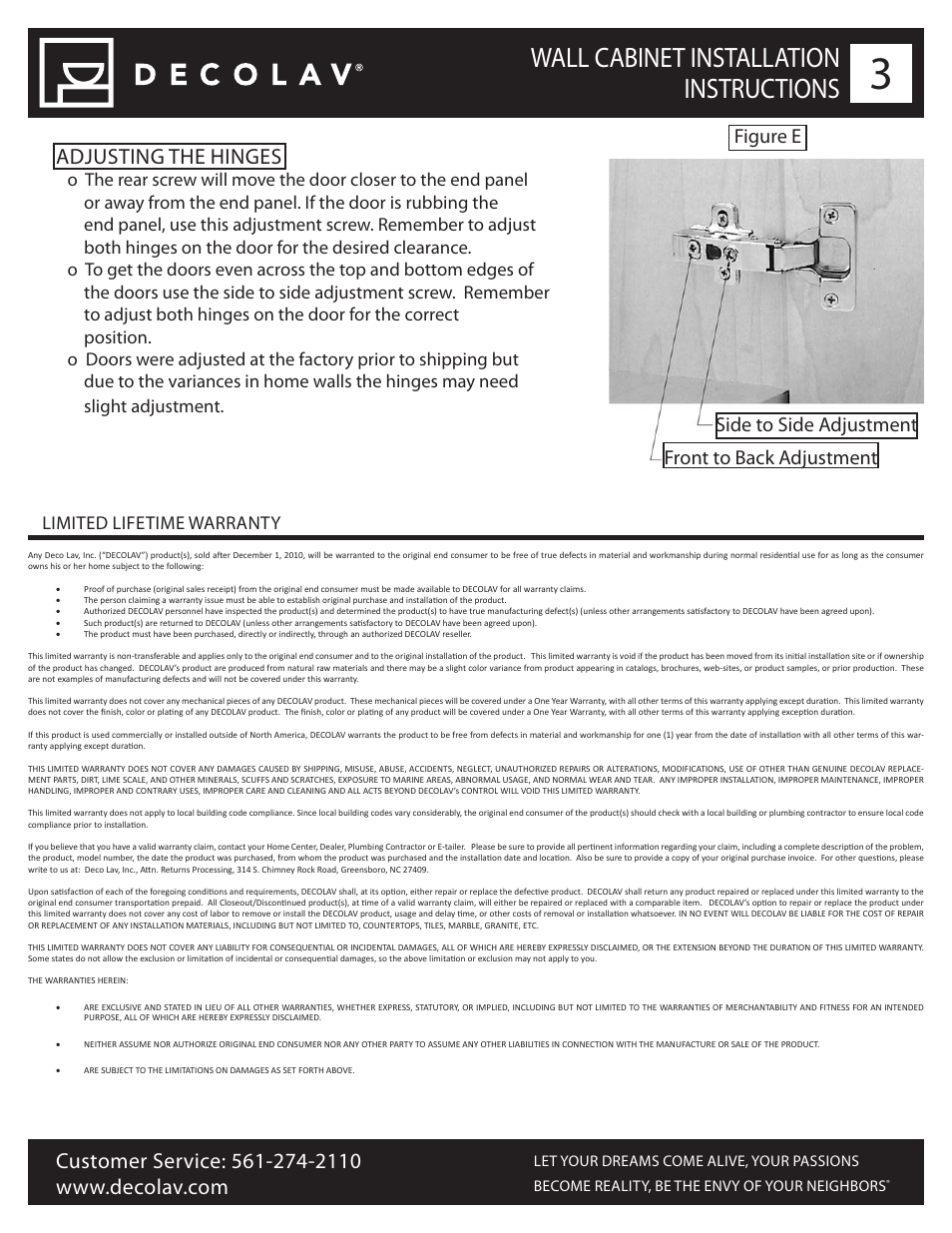 Wall cabinet installation instructions, Adjusting the hinges, Side to side adjustment front to back adjustment | Figure e | Decolav 5255 User Manual | Page 4 / 4