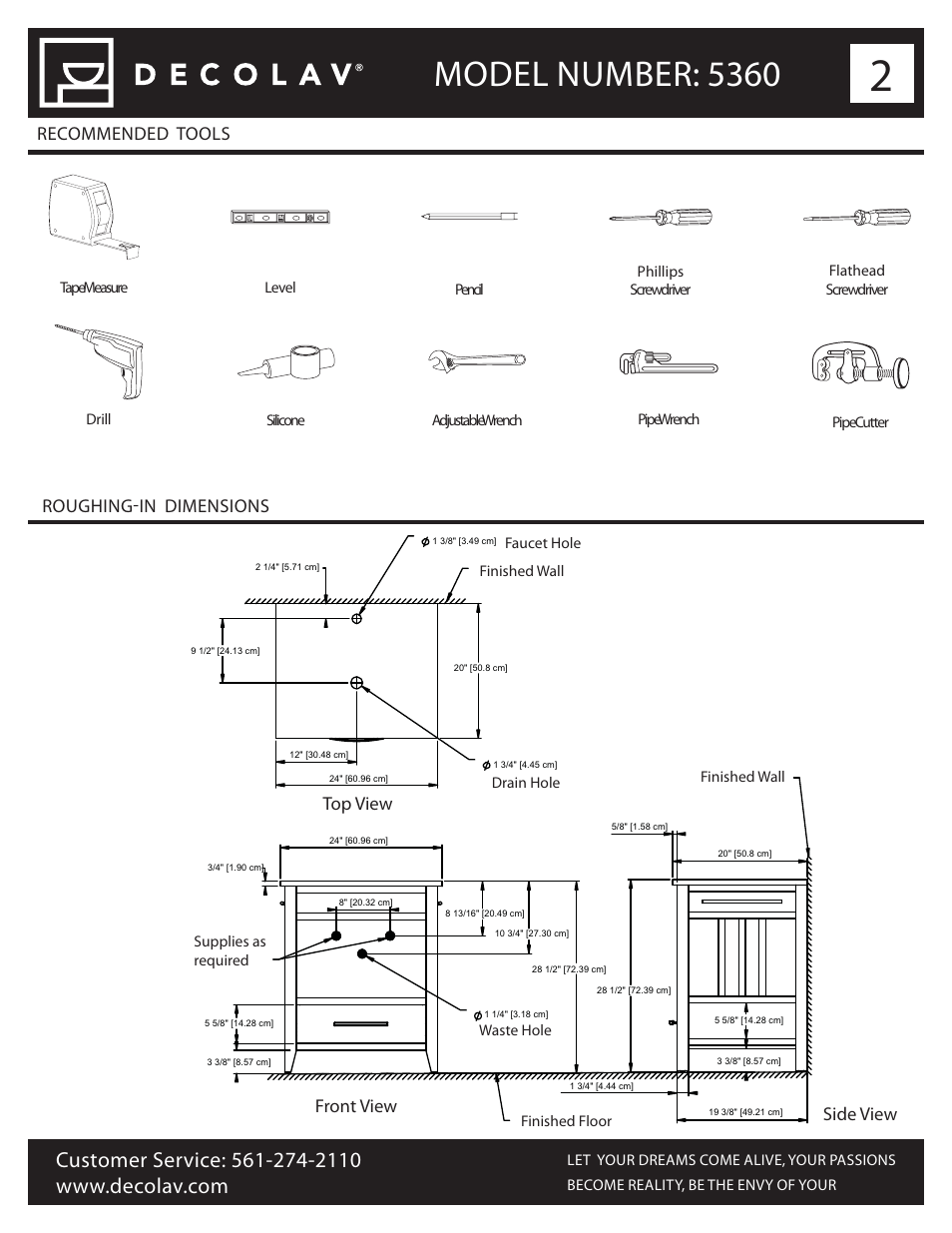 Model number: 5360, Recommended tools roughing-in dimensions, Front view | Top view side view | Decolav 5360 User Manual | Page 2 / 10