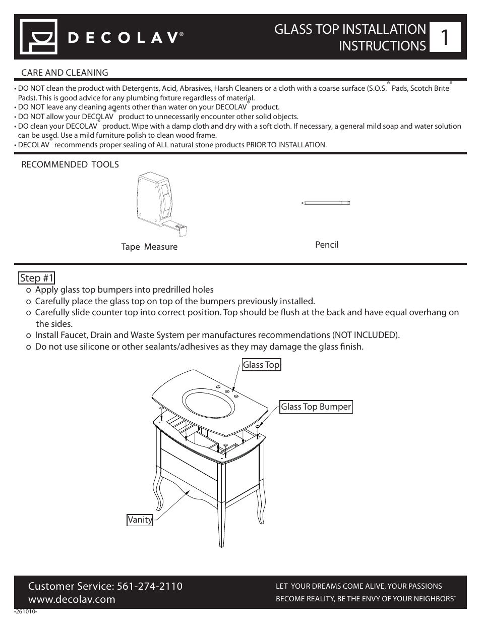 Glass top installation instruction, Glass top installation instructions, Step #1 | Decolav 5265 User Manual | Page 4 / 5