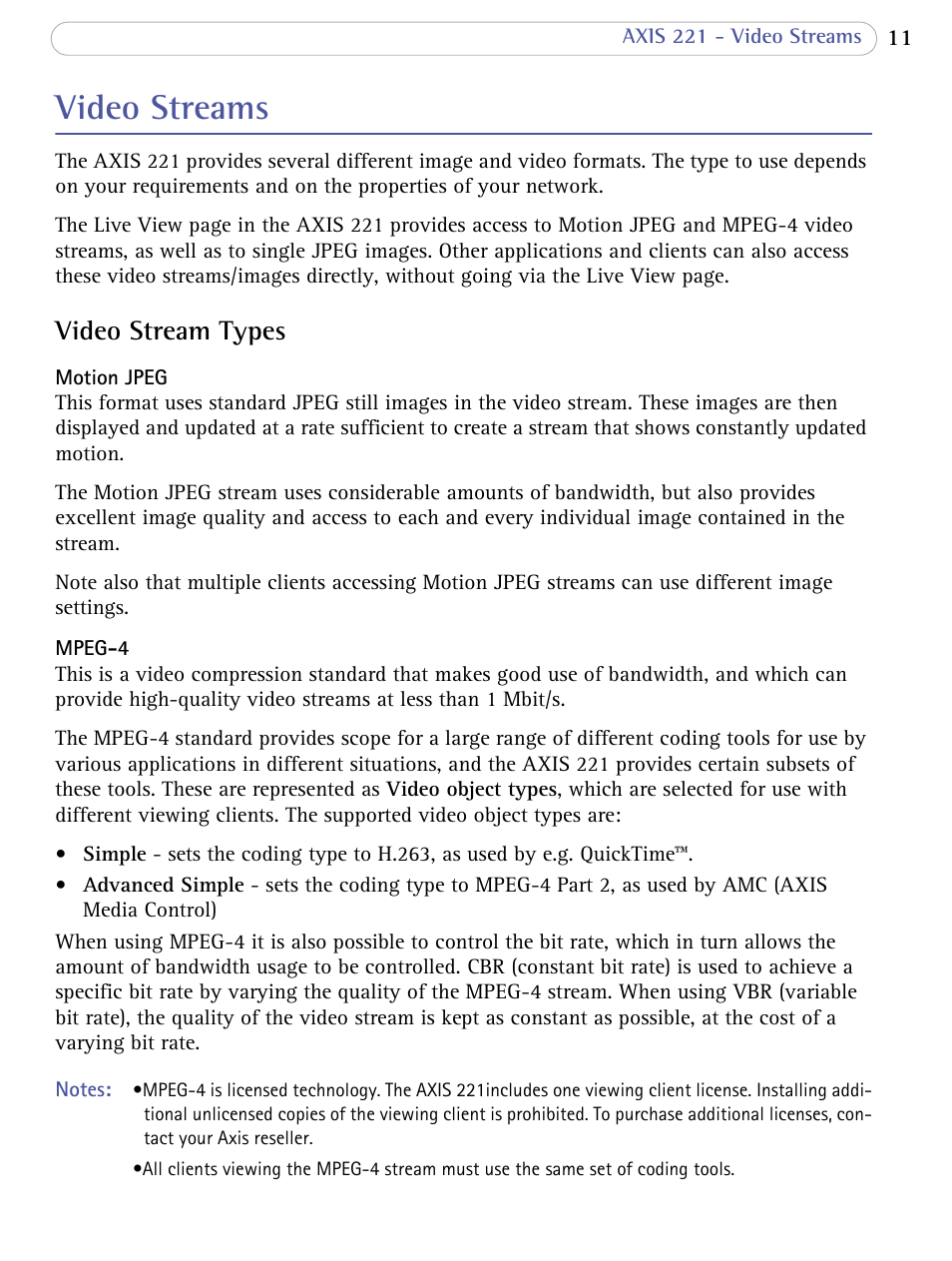 Video streams, Video stream types | Axis Communications 221 User Manual | Page 11 / 62