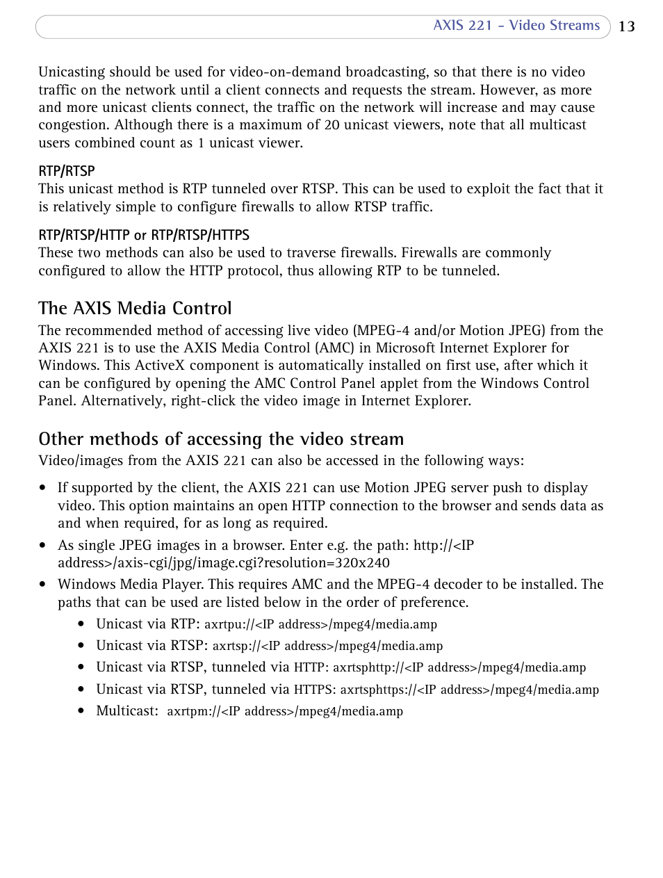 The axis media control, Other methods of accessing the video stream | Axis Communications 221 User Manual | Page 13 / 62