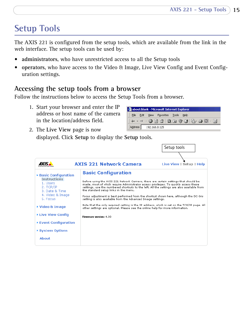 Setup tools, Accessing the setup tools from a browser | Axis Communications 221 User Manual | Page 15 / 62