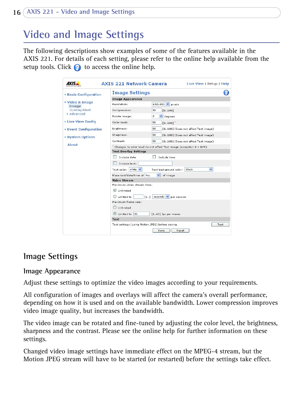 Video and image settings, Image settings | Axis Communications 221 User Manual | Page 16 / 62