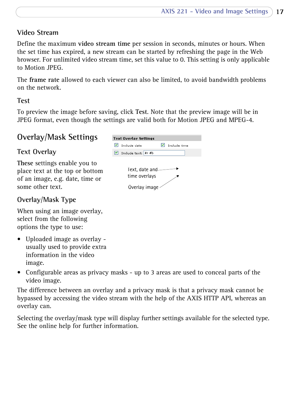 Overlay/mask settings, Overlay / mask settings | Axis Communications 221 User Manual | Page 17 / 62