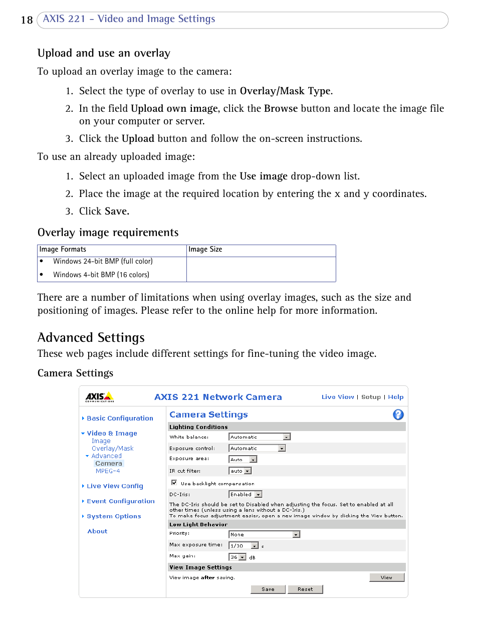 Advanced settings | Axis Communications 221 User Manual | Page 18 / 62