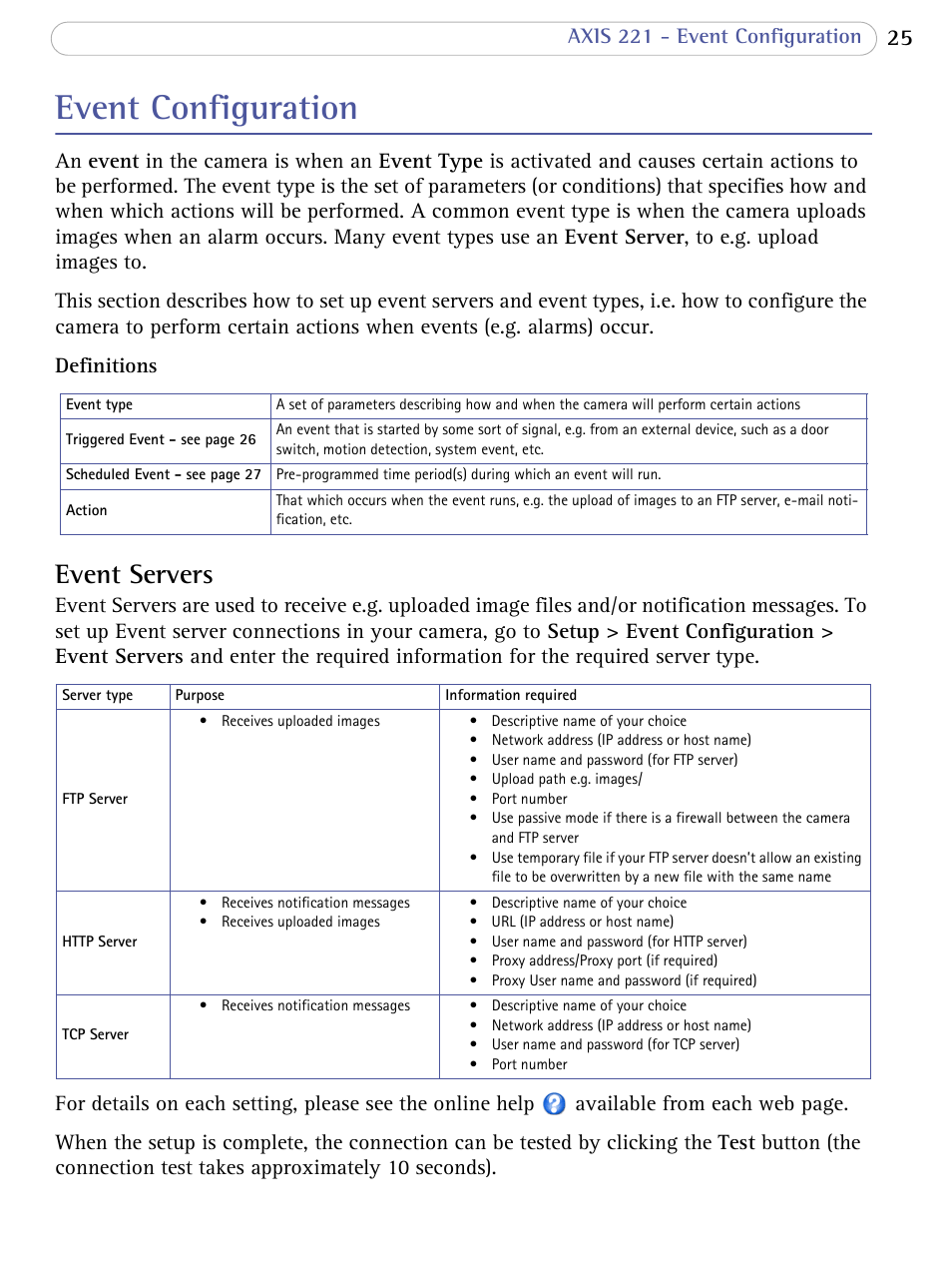 Event configuration, Event servers | Axis Communications 221 User Manual | Page 25 / 62