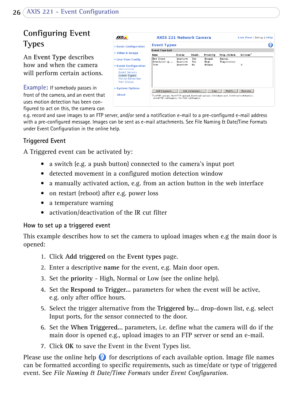 Configuring event types | Axis Communications 221 User Manual | Page 26 / 62