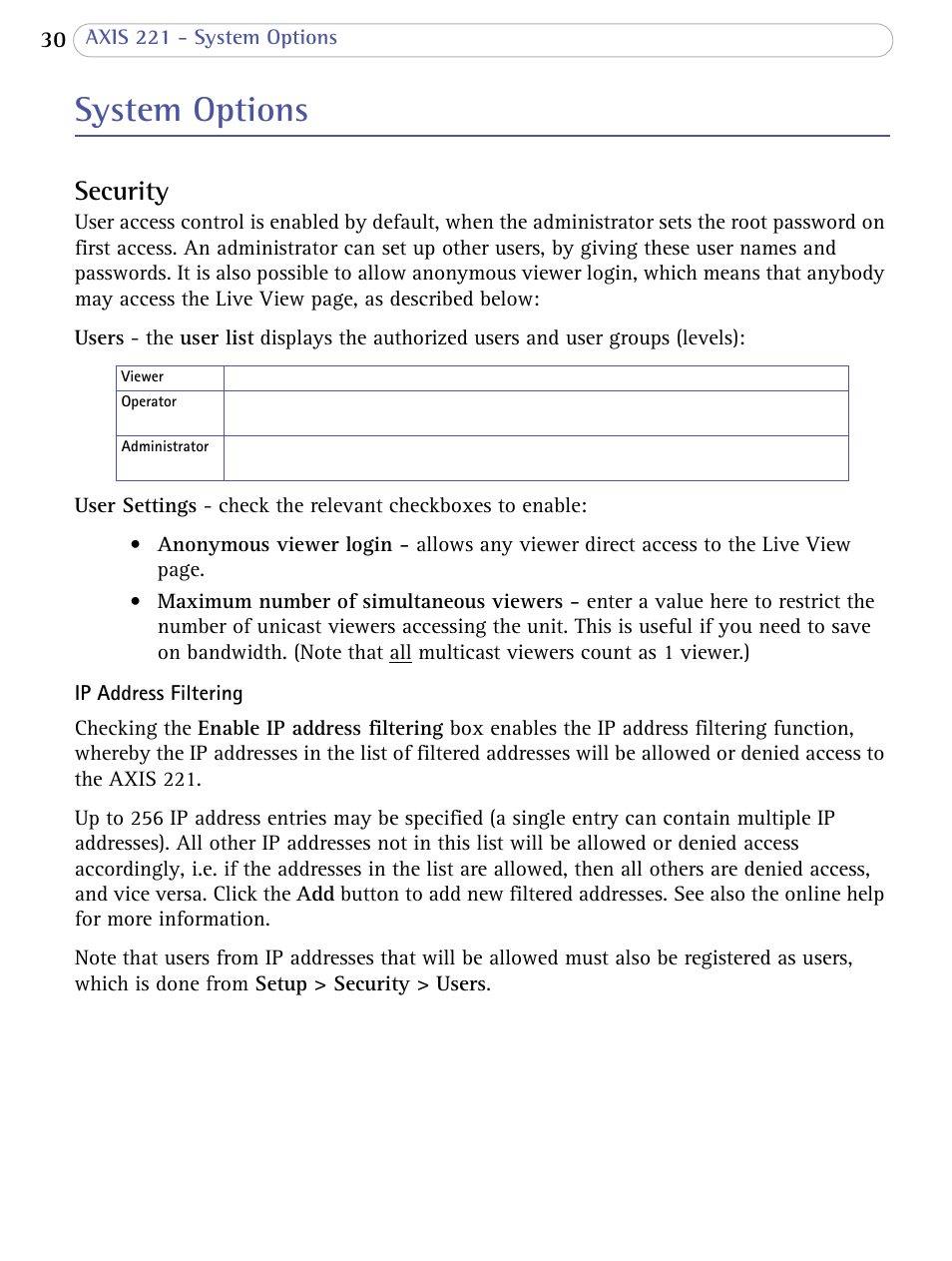 System options, Security | Axis Communications 221 User Manual | Page 30 / 62