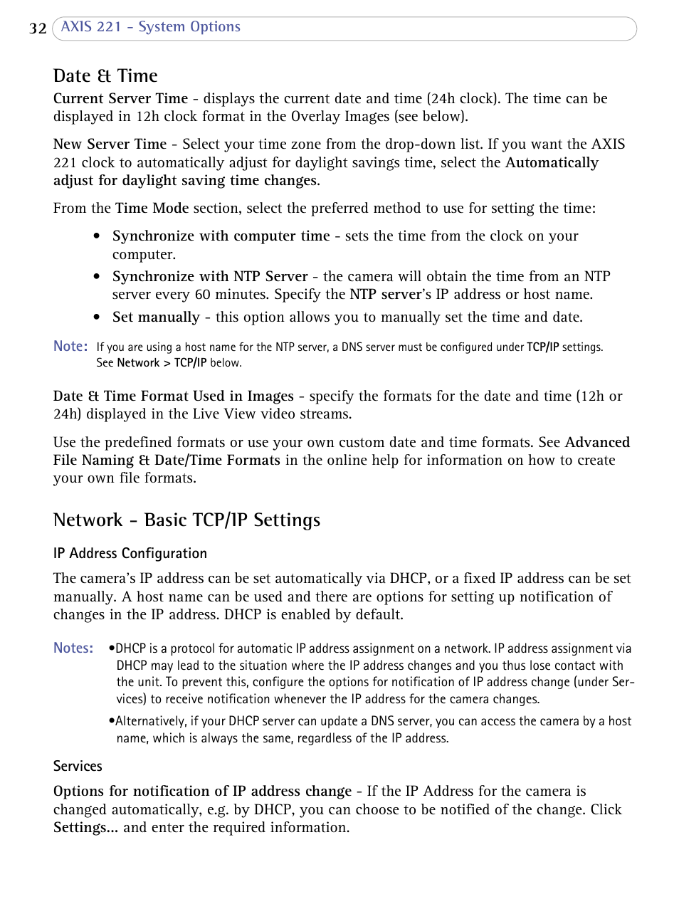 Date & time, Network - basic tcp/ip settings, Date & time network - basic tcp/ip settings | Axis Communications 221 User Manual | Page 32 / 62