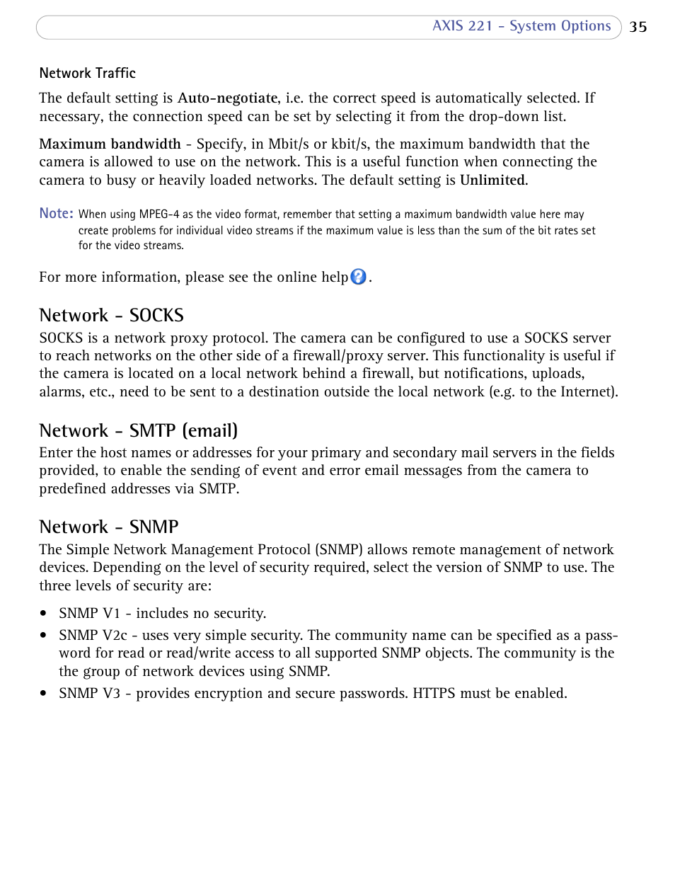 Network - socks, Network - smtp (email), Network - snmp | Network - smtp (email) network - snmp | Axis Communications 221 User Manual | Page 35 / 62