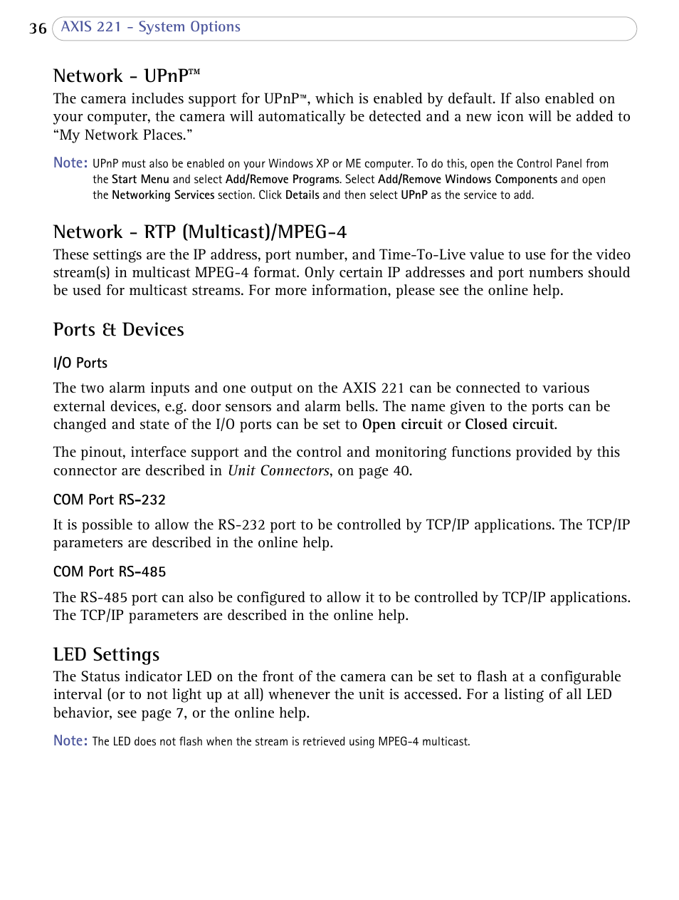 Network - upnp, Network - rtp (multicast)/mpeg-4, Ports & devices | Led settings | Axis Communications 221 User Manual | Page 36 / 62