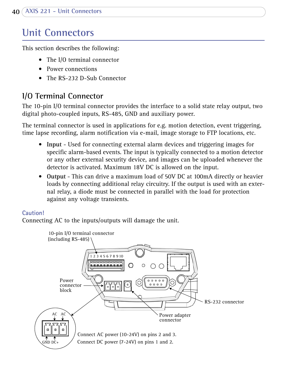 Unit connectors, I/o terminal connector | Axis Communications 221 User Manual | Page 40 / 62