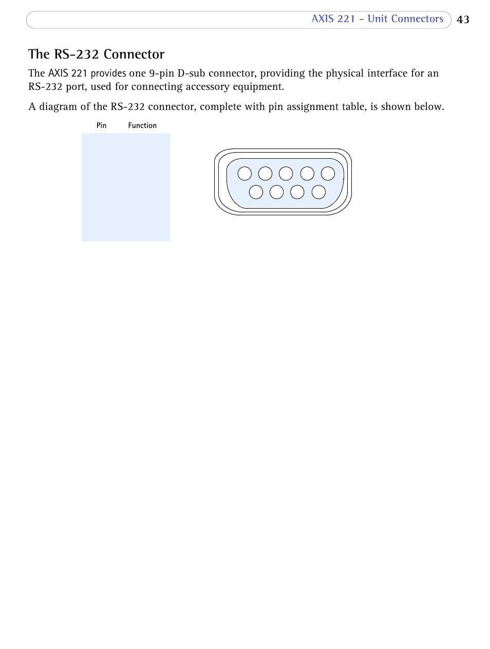 The rs-232 connector, Axis 221 - unit connectors | Axis Communications 221 User Manual | Page 43 / 62