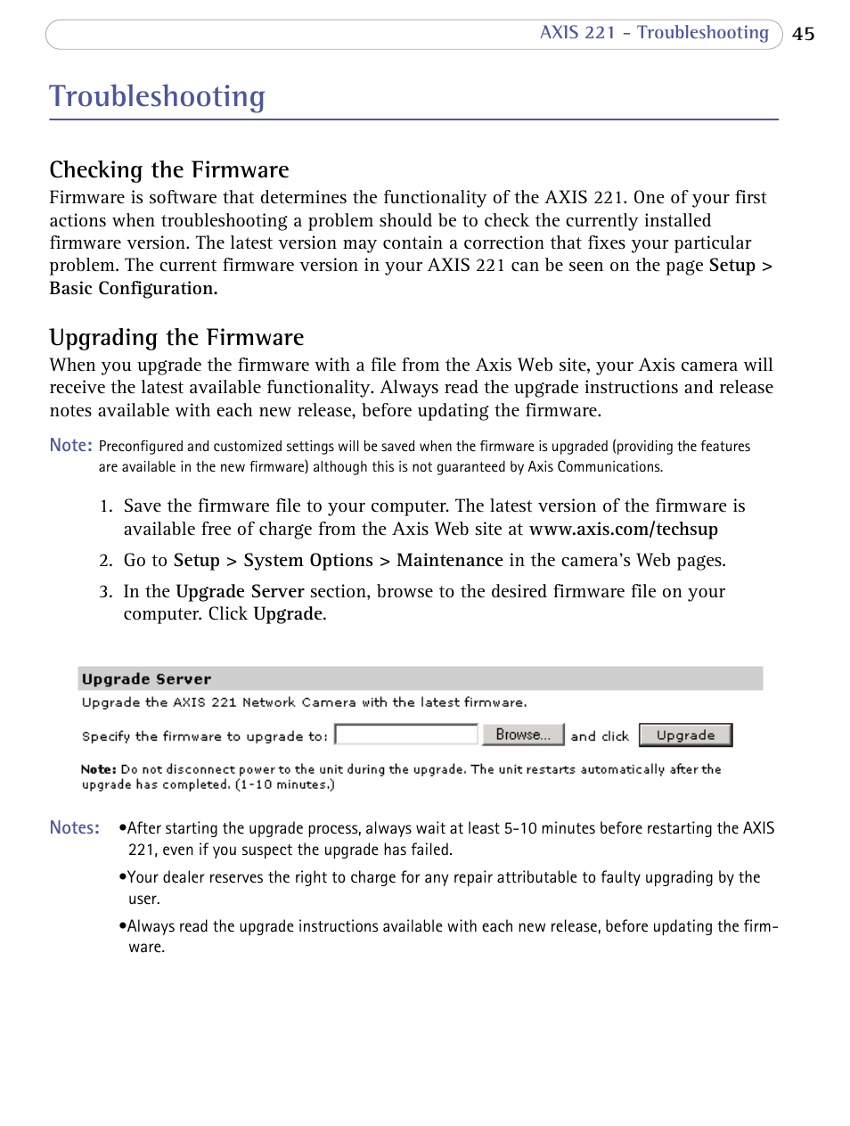 Troubleshooting, Checking the firmware, Upgrading the firmware | Axis Communications 221 User Manual | Page 45 / 62