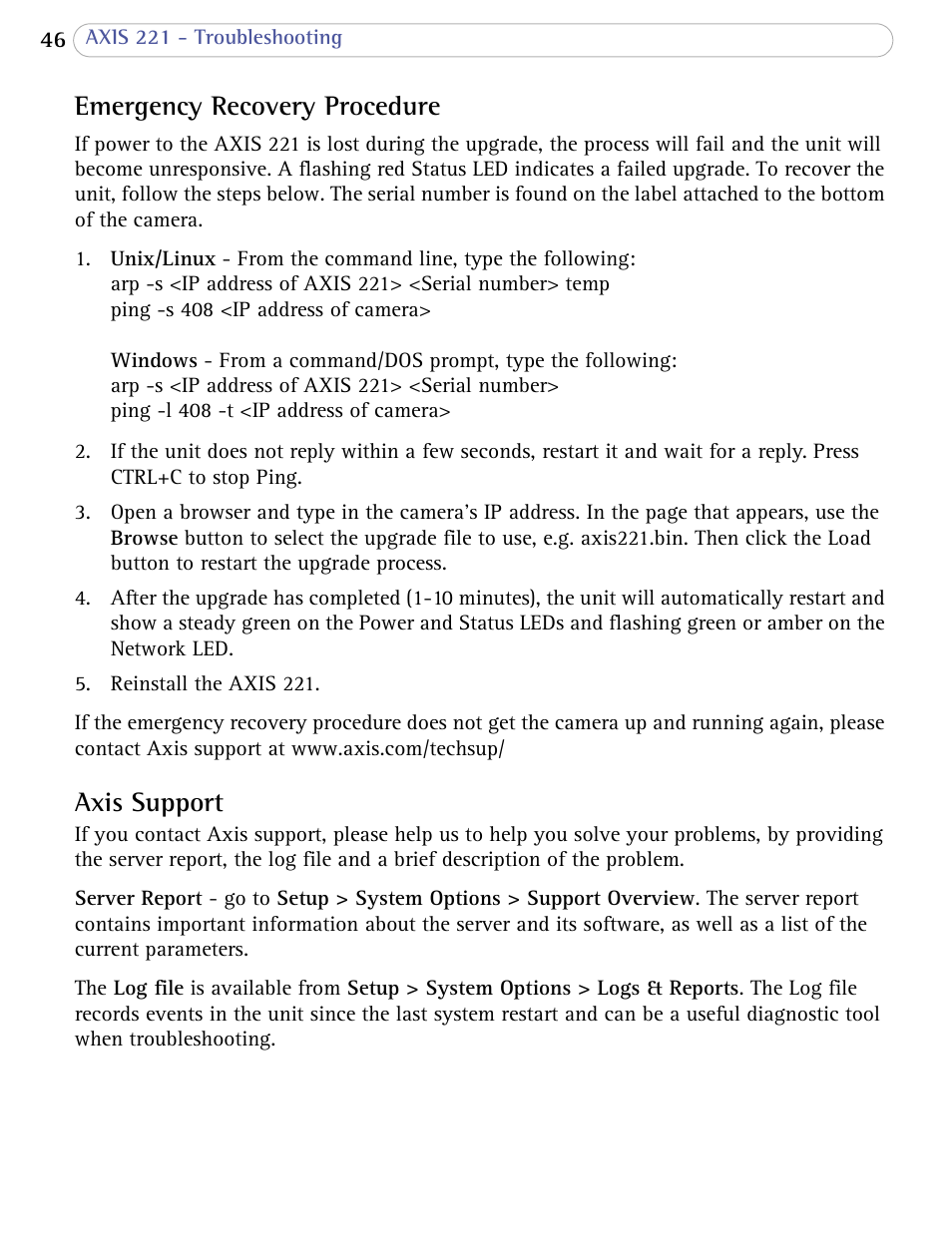Emergency recovery procedure, Axis support | Axis Communications 221 User Manual | Page 46 / 62