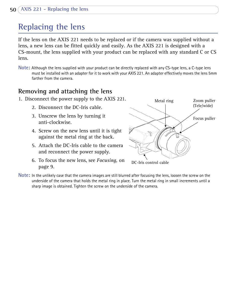 Replacing the lens, Removing and attaching the lens | Axis Communications 221 User Manual | Page 50 / 62