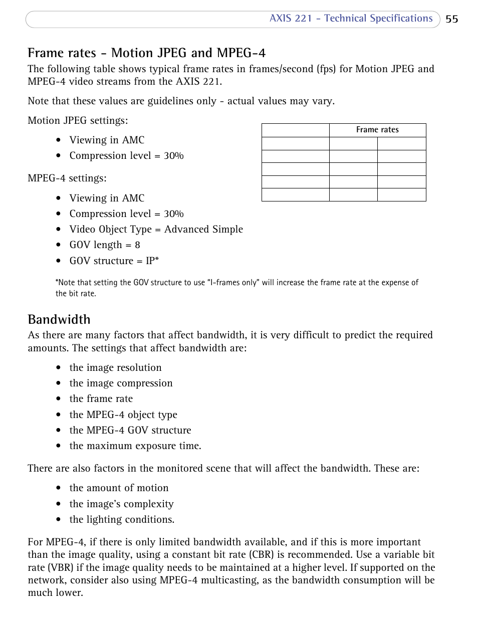 Frame rates - motion jpeg and mpeg-4, Bandwidth, Frame rates - motion jpeg and mpeg-4 bandwidth | Axis Communications 221 User Manual | Page 55 / 62