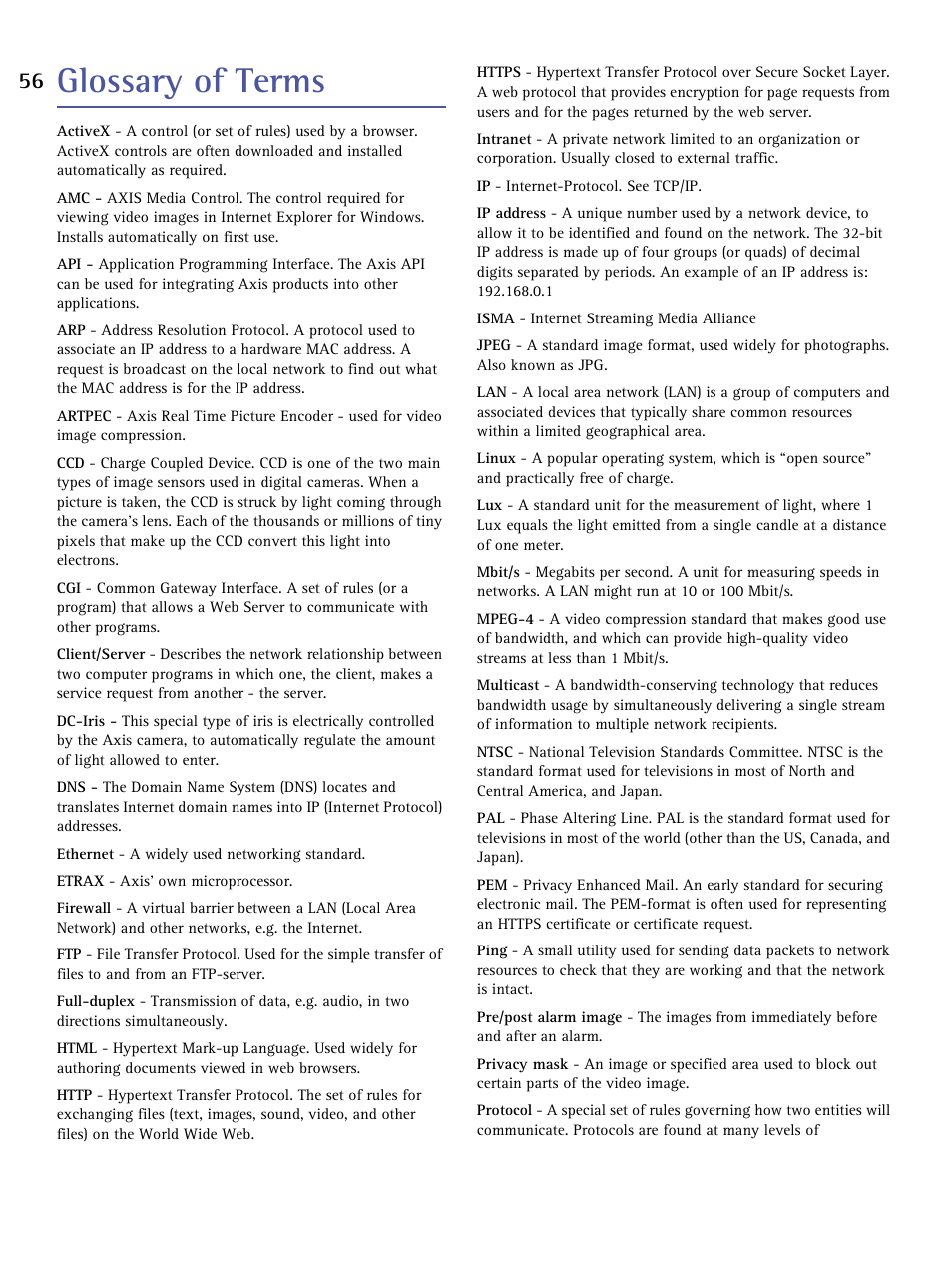 Glossary of terms | Axis Communications 221 User Manual | Page 56 / 62