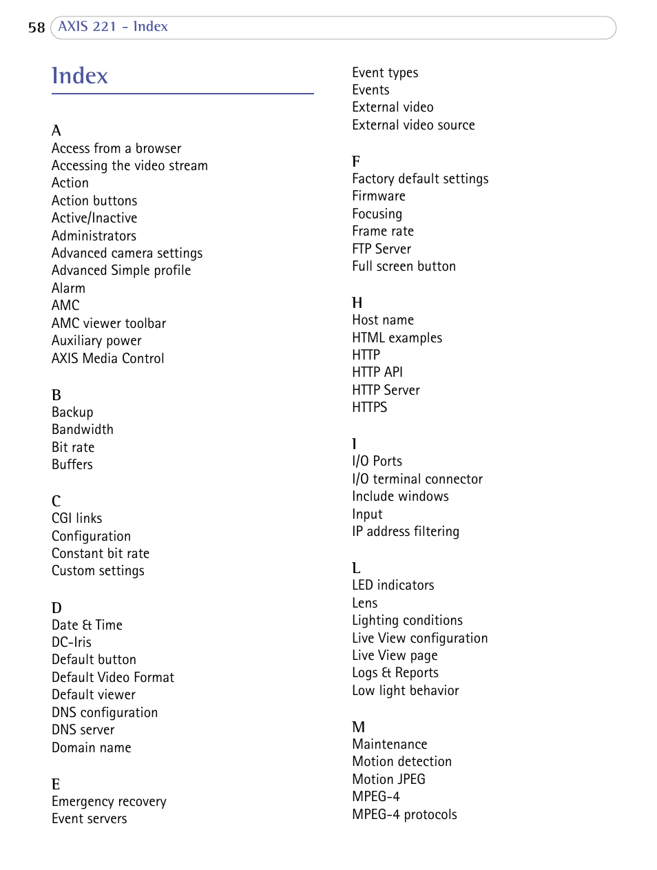 Index | Axis Communications 221 User Manual | Page 58 / 62