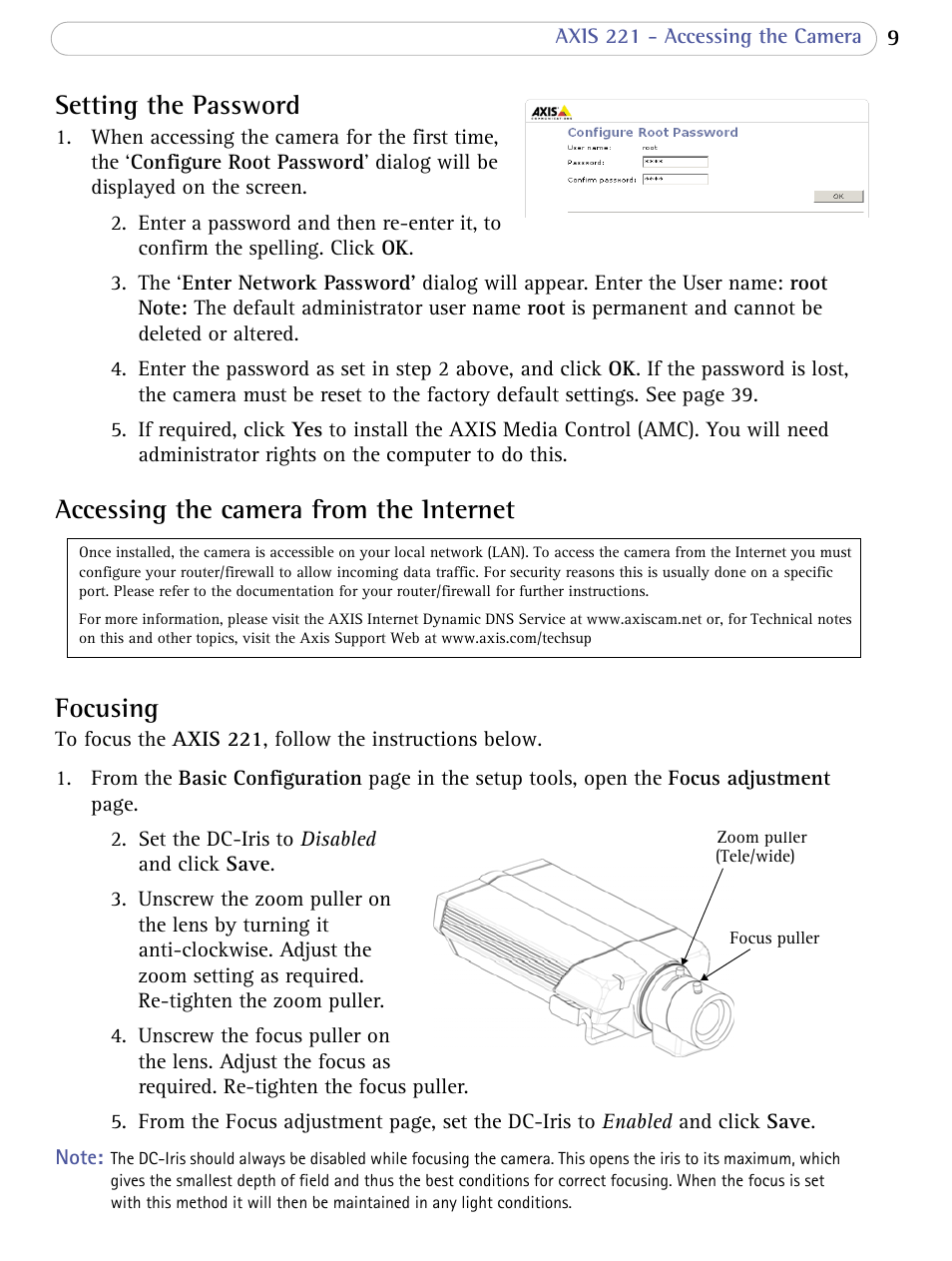 Setting the password, Accessing the camera from the internet, Focusing | Axis Communications 221 User Manual | Page 9 / 62