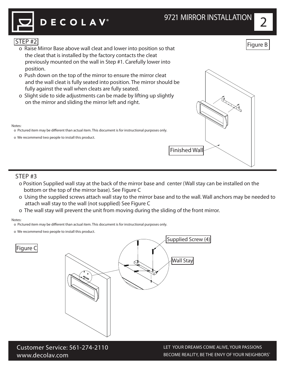 9721 mirror installation, Step #2, Step #3 | Finished wall figure b, Figure c | Decolav 9721 User Manual | Page 2 / 5