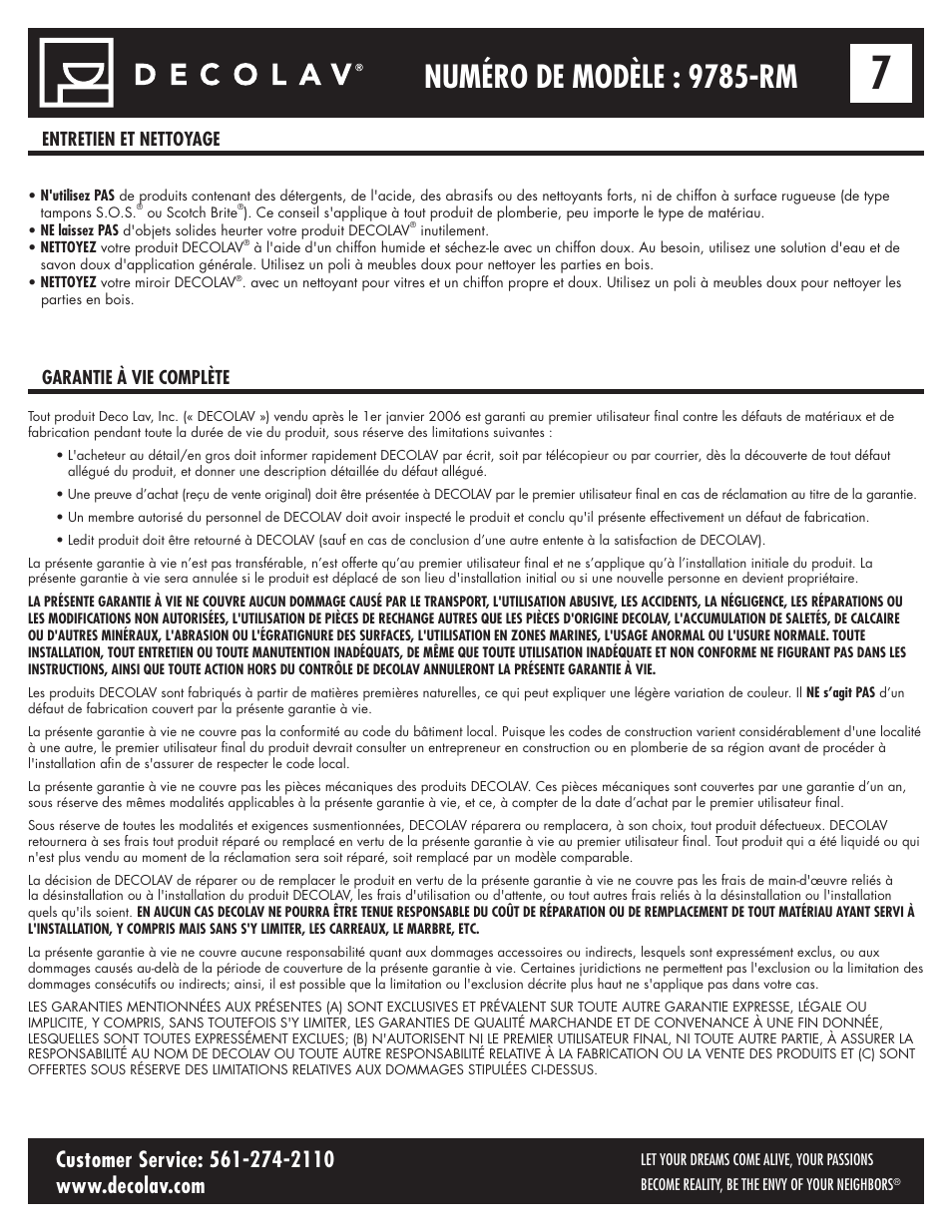 Numéro de modèle : 9785-rm, Entretien et nettoyage garantie à vie complète | Decolav 9785 User Manual | Page 14 / 21