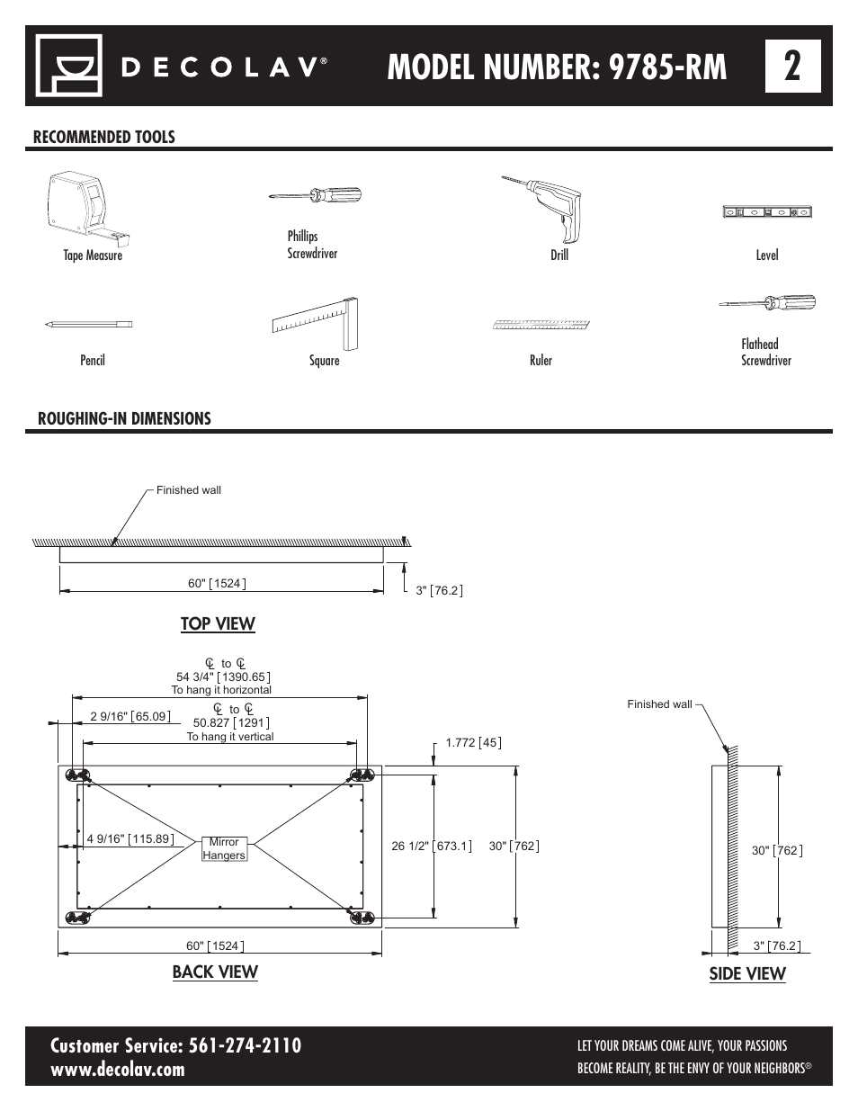 Model number: 9785-rm | Decolav 9785 User Manual | Page 2 / 21