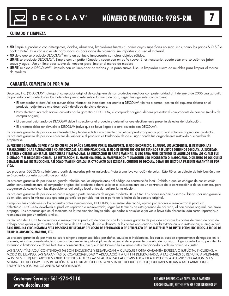 Número de modelo: 9785-rm, Cuidado y limpieza garantía completa de por vida | Decolav 9785 User Manual | Page 21 / 21