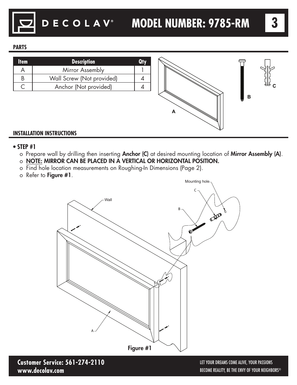 Model number: 9785-rm, Step #1 | Decolav 9785 User Manual | Page 3 / 21