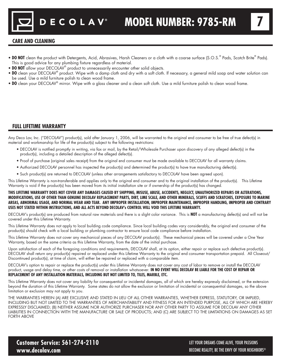 Model number: 9785-rm, Care and cleaning full lifetime warranty | Decolav 9785 User Manual | Page 7 / 21