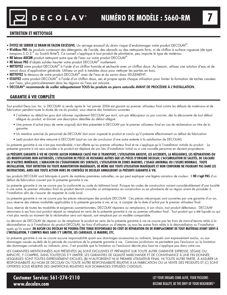 Numéro de modèle : 5660-rm, Entretien et nettoyage garantie à vie complète | Decolav 5660 User Manual | Page 14 / 21