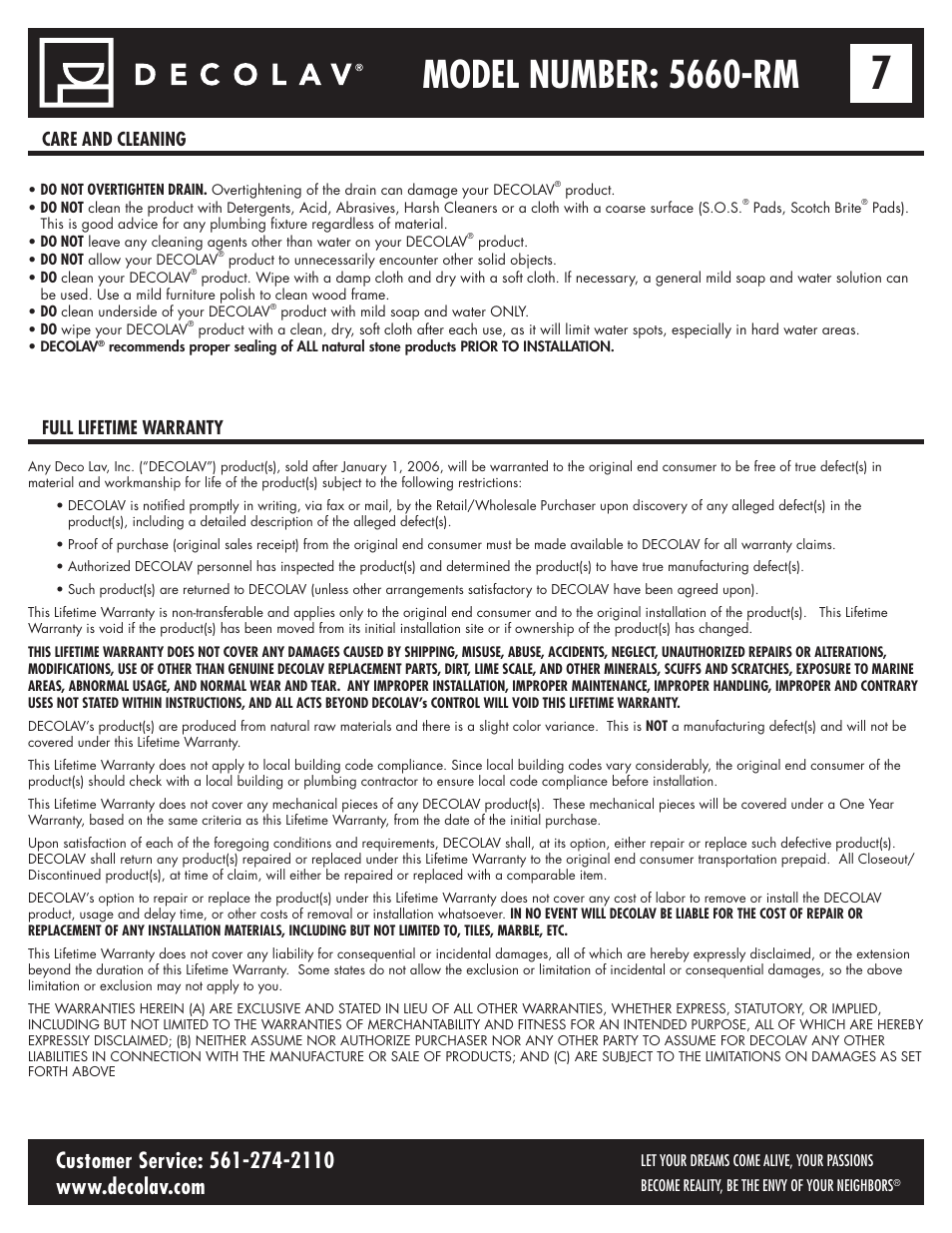 Model number: 5660-rm, Care and cleaning full lifetime warranty | Decolav 5660 User Manual | Page 7 / 21