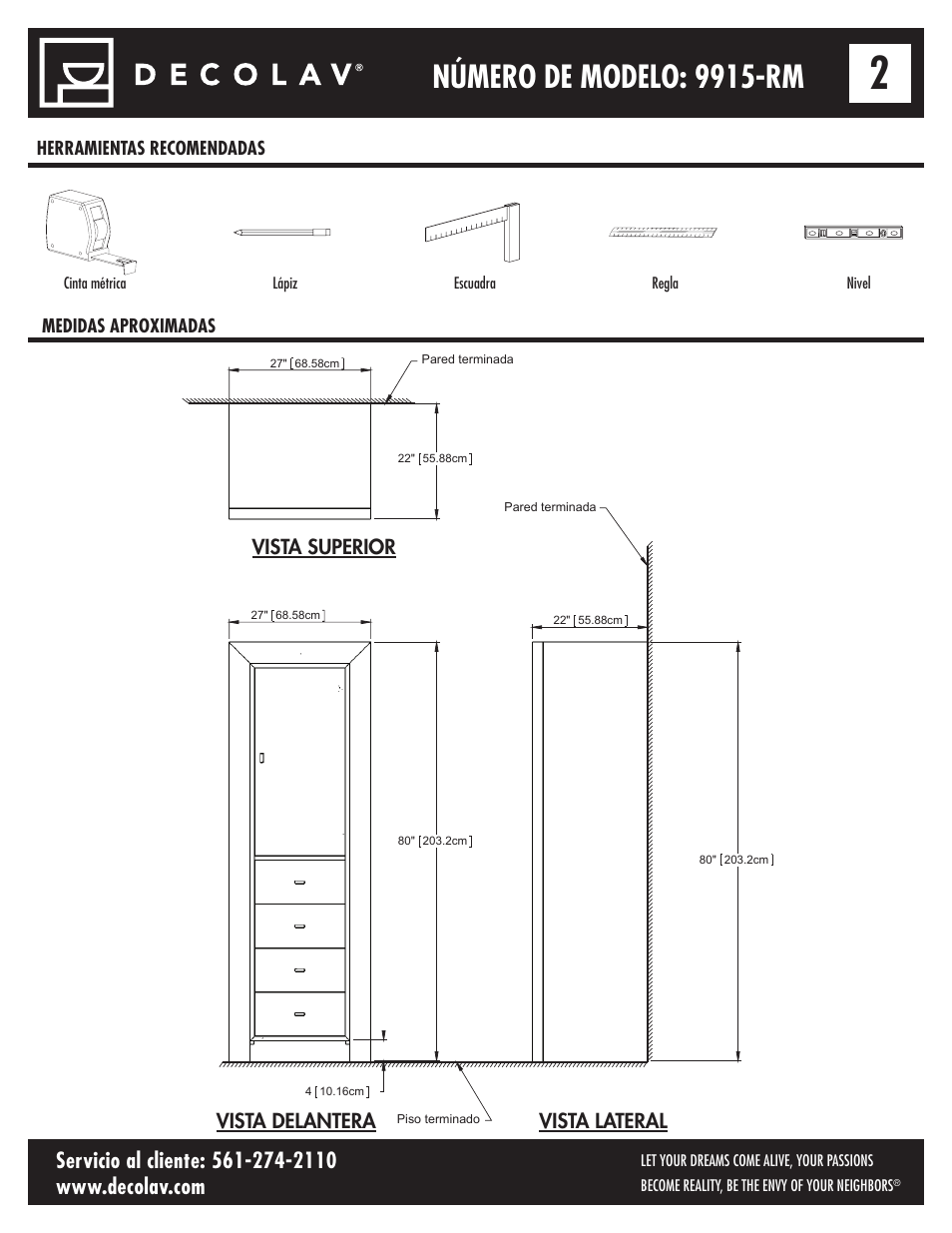 Número de modelo: 9915-rm, Vista superior vista delantera vista lateral | Decolav 9915 User Manual | Page 10 / 12