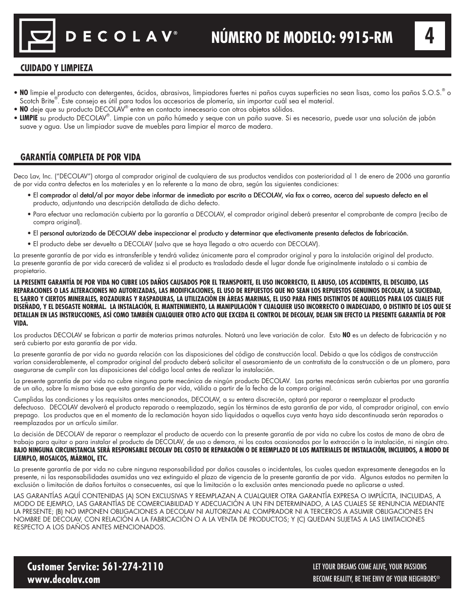 Número de modelo: 9915-rm, Cuidado y limpieza garantía completa de por vida | Decolav 9915 User Manual | Page 12 / 12