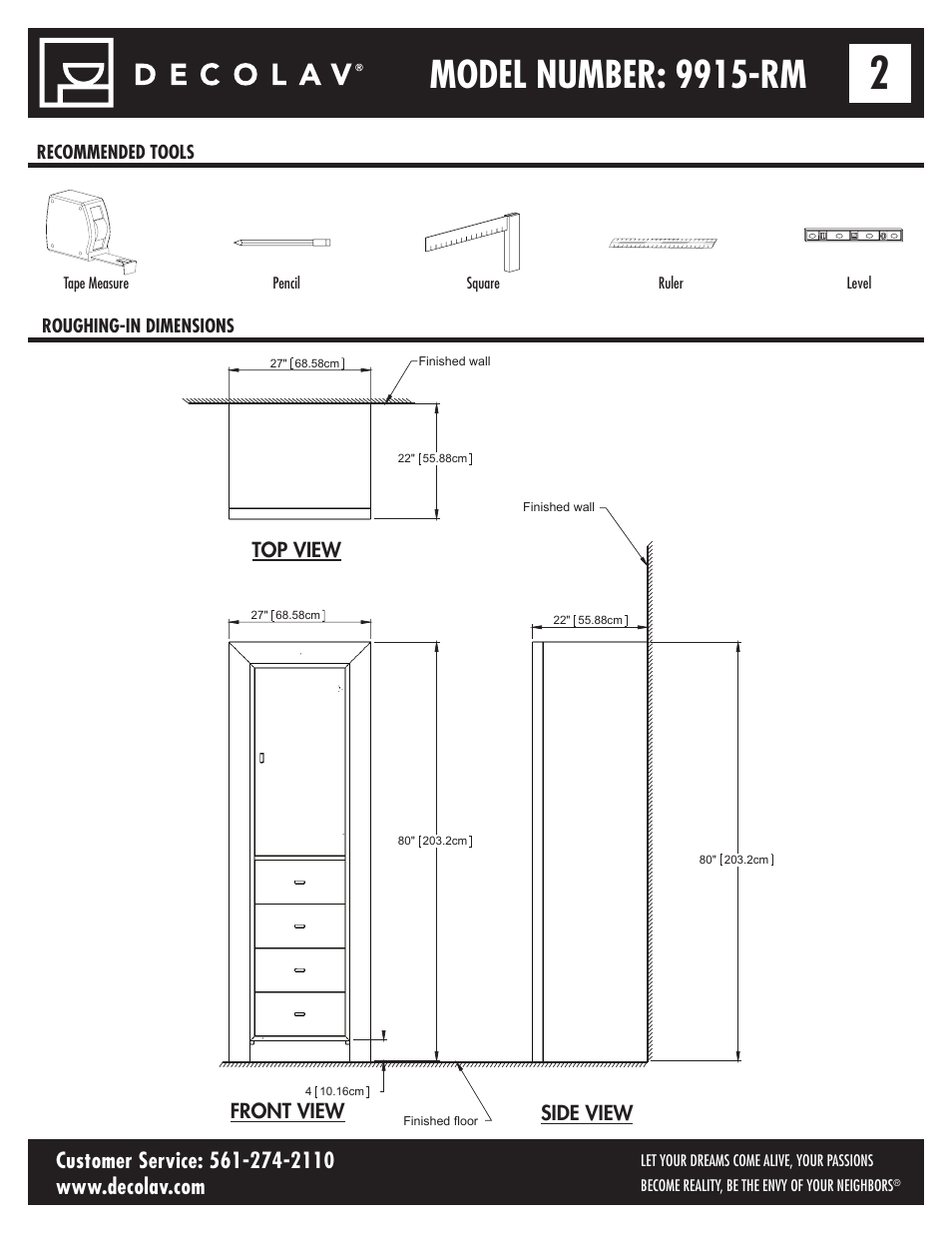 Model number: 9915-rm, Top view front view side view | Decolav 9915 User Manual | Page 2 / 12