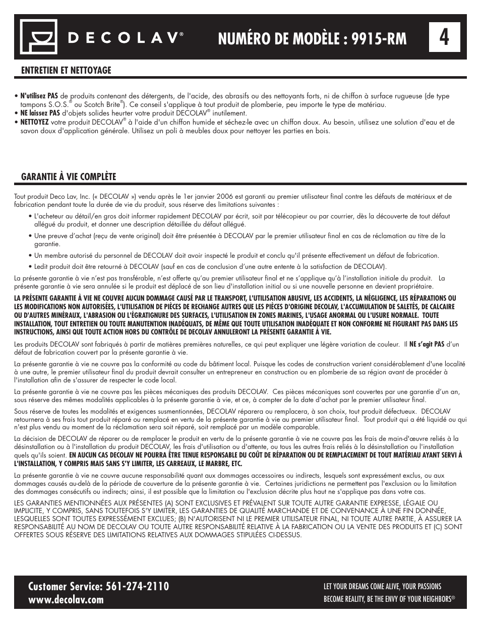 Numéro de modèle : 9915-rm, Entretien et nettoyage garantie à vie complète | Decolav 9915 User Manual | Page 8 / 12