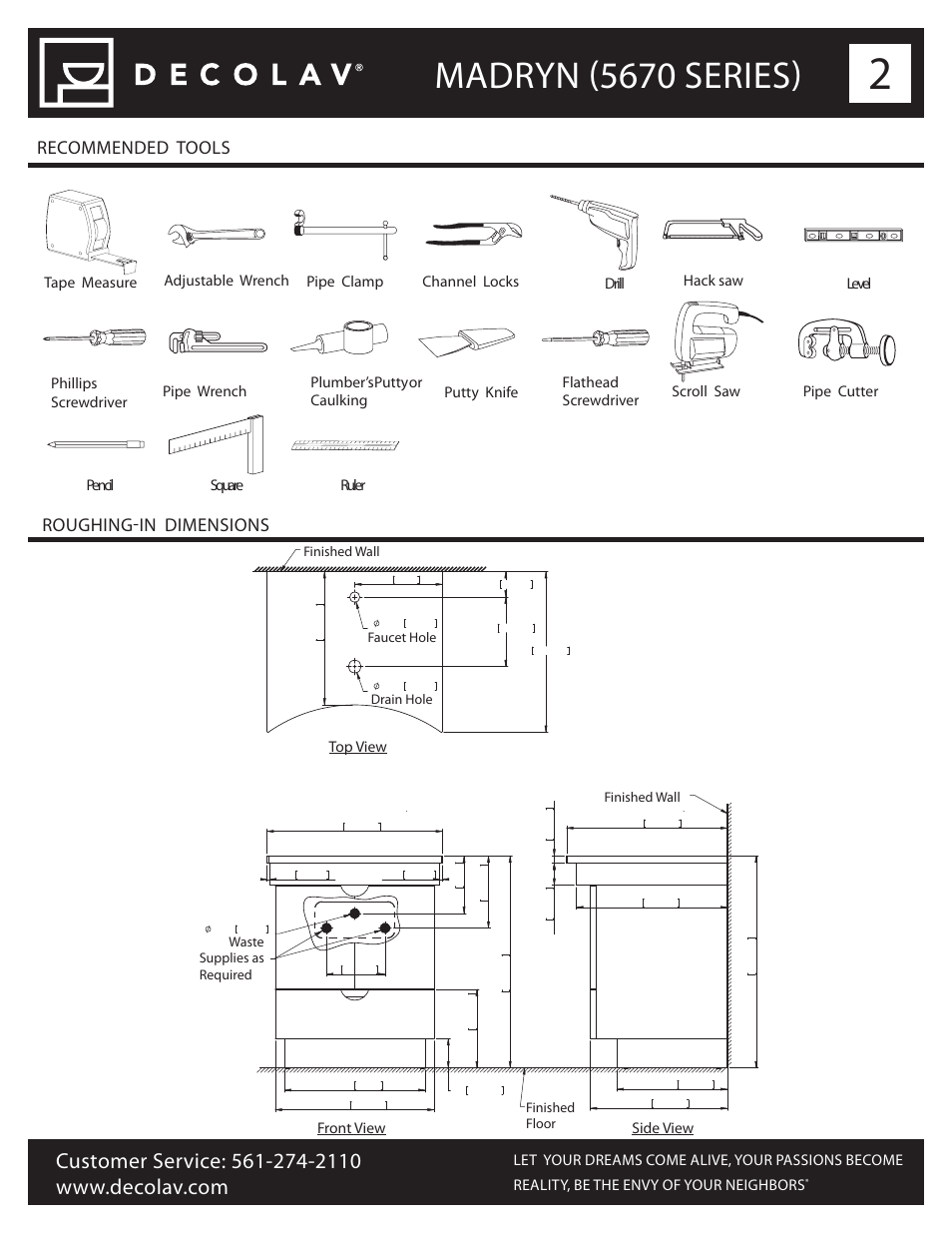 Madryn (5670 series), Recommended tools roughing-in dimensions | Decolav 5670 User Manual | Page 2 / 6