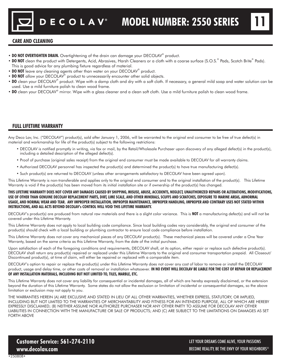 Model number: 2550 series, Care and cleaning full lifetime warranty | Decolav 2550 User Manual | Page 11 / 11