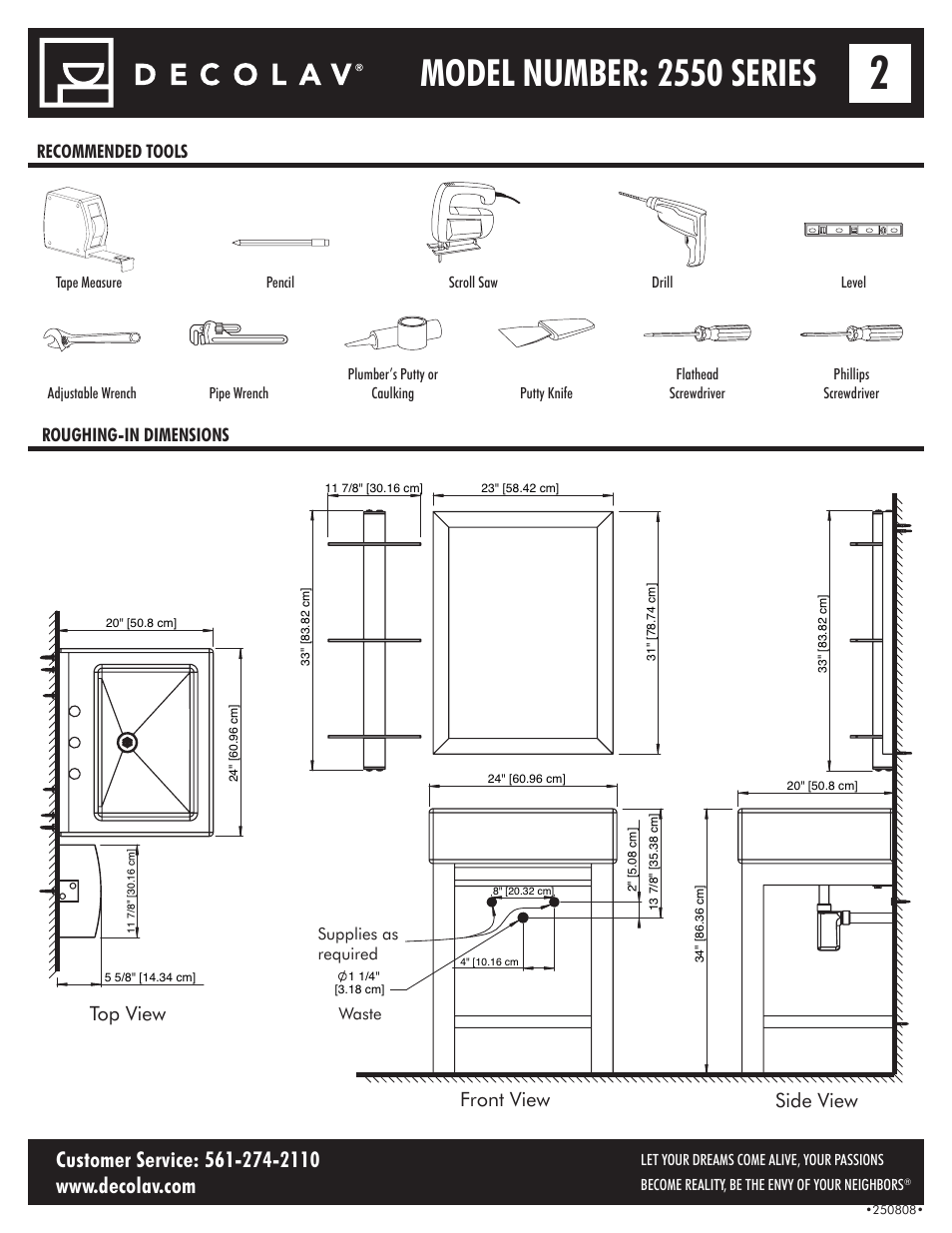Model number: 2550 series, Front view top view side view, Recommended tools roughing-in dimensions | Decolav 2550 User Manual | Page 2 / 11
