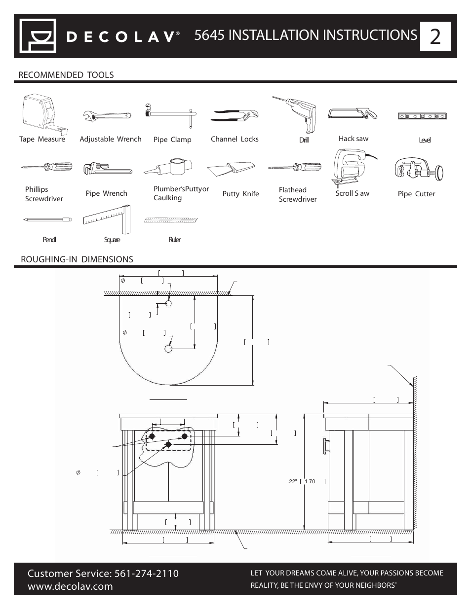 5645 installation instructions, Recommended tools roughing-in dimensions | Decolav 5645 User Manual | Page 2 / 8